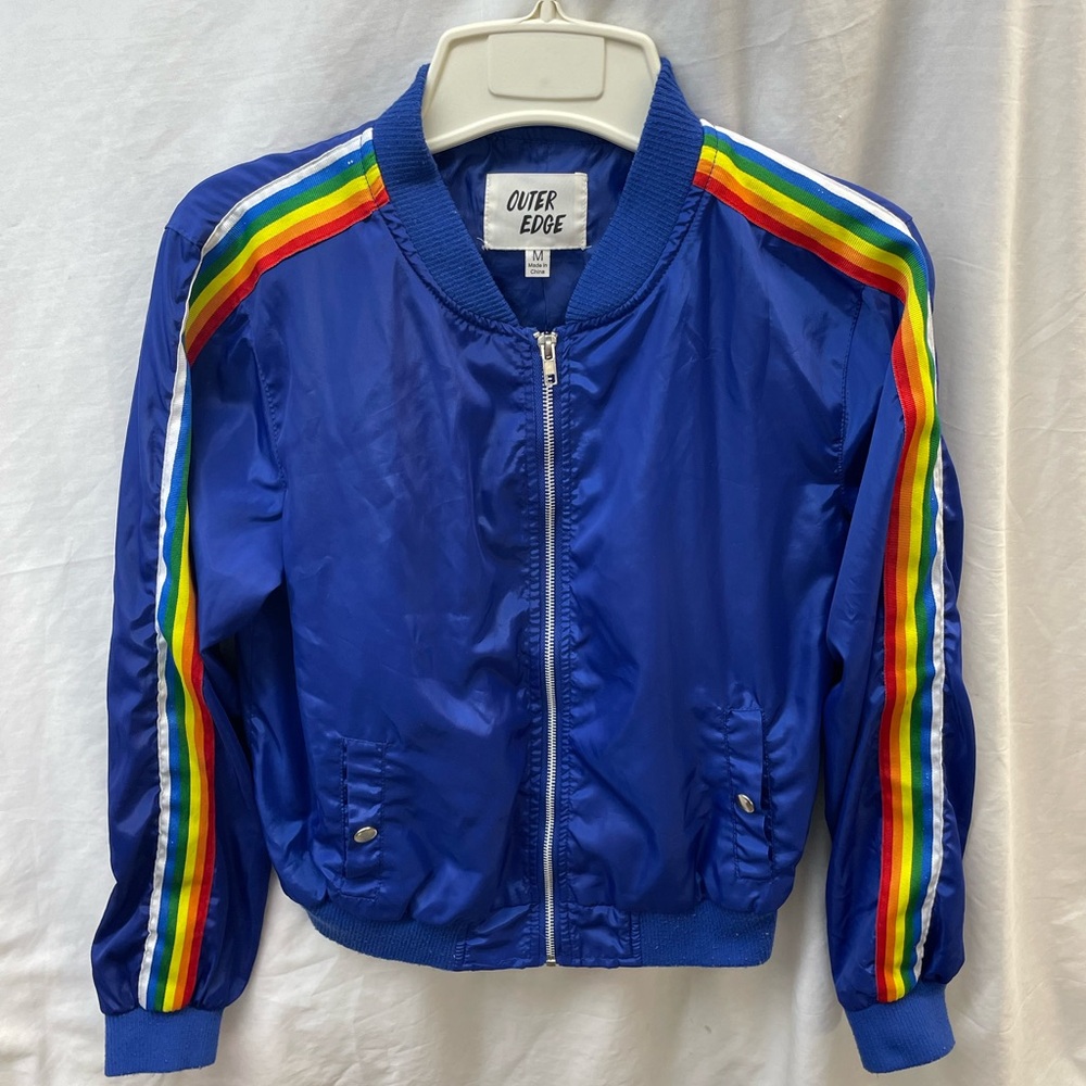 Outer Edge Blue Zip Down Jacket With Rainbow Stri… - image 1